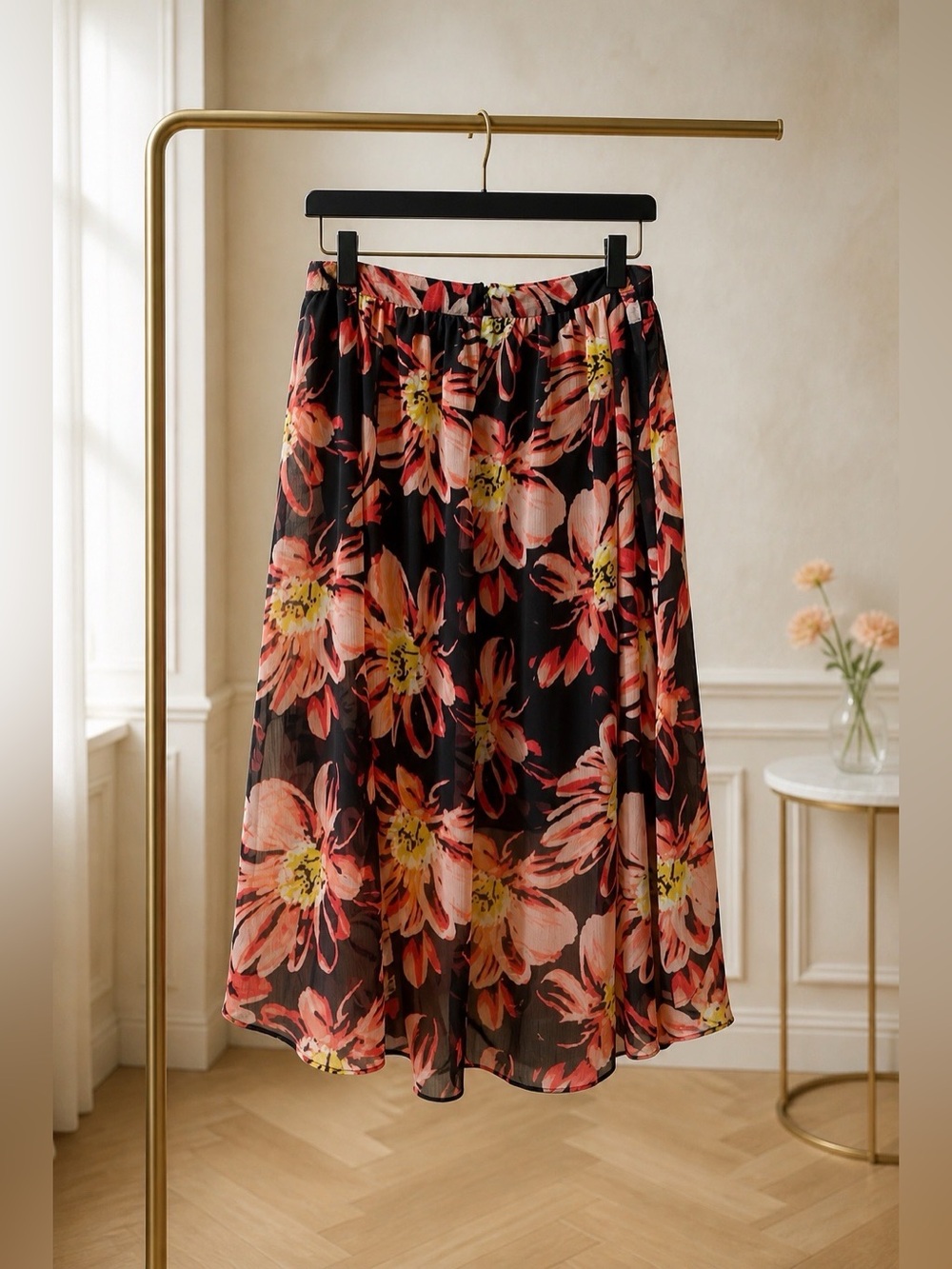 BLACK HIBISCUS CREPE FULLY LINED HIGH LOW SKIRT BY WORTHINGTON SIZE 14